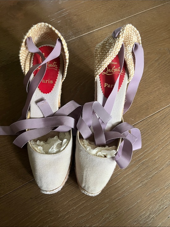 Christian Louboutin Shoes - Christian Louboutin Beige Espadrille Wedges with Lavender Ankle Ribbons